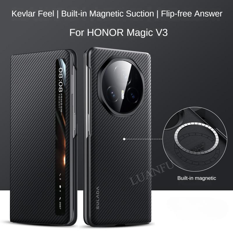 Case for Honor Magic V3 Kevlar 600D Textured Intelligent Window Folding Screen Protective Cover Wireless Charge Intelligent Sleep Anti-drop Shockproof Protective Case