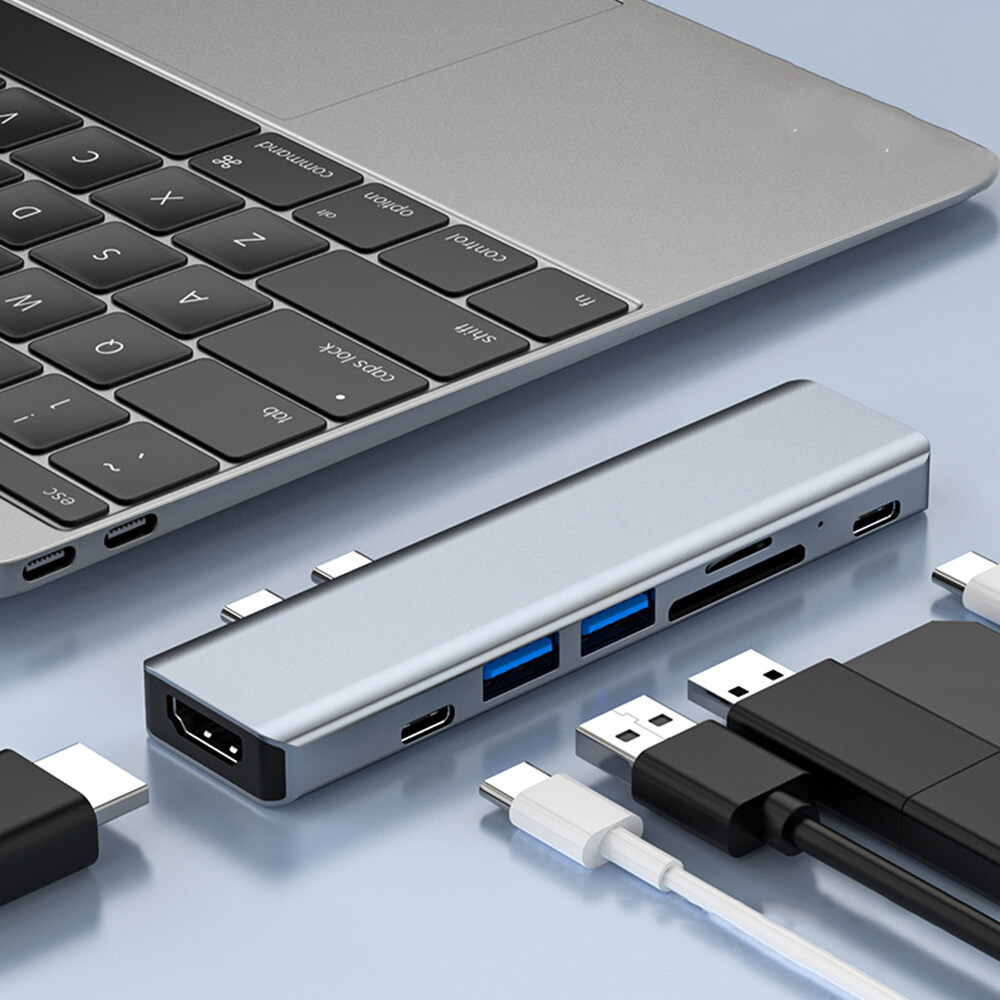 7 in 1 Double Male Type-C HUB Aluminum USB C Hub Adapter 4K HDMI-compatible Thunderbolt 3 PD Fast Charging For MacBook Pro [yococo]
