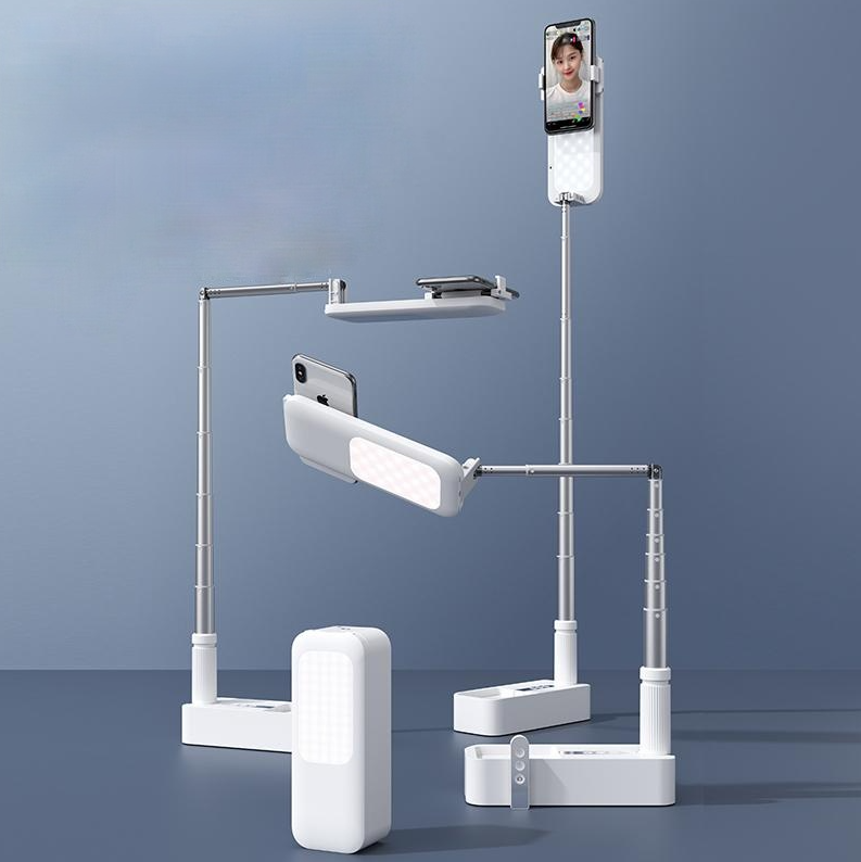 BekinTek Portable Multifunction Phone Holder Foldable Rechargeable Video Recording Stand for Makeup Youtube TikTok Live Stream Teaching Remote Wireless Dimmable LED Selfie Fill in Light Lamp